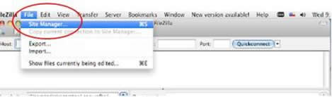 Screenshot of accessing site manager within FileZilla