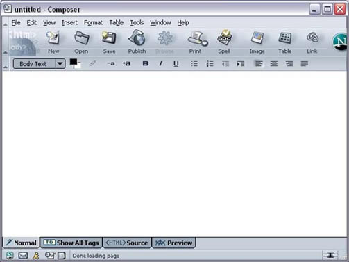 Netscape 7 Composer blank page window
