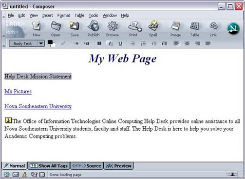 Netscape 7 Composer page with highlighted link text for linking anchor example