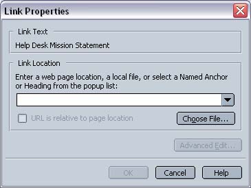 Netscape 7 Link Properties to anchor example screen