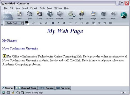 Netscape 7 Composer page with bookmark link made example