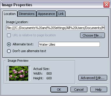Netscape 7 Image Properties screen with example file to insert