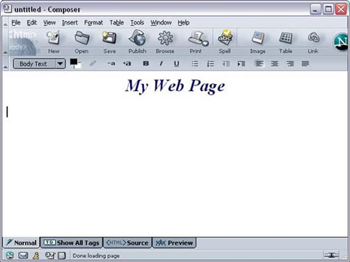 Netscape 7 composer window with heading example