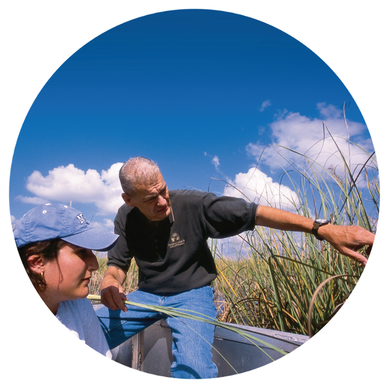 a professor in a boat with a student teaching in the everglades