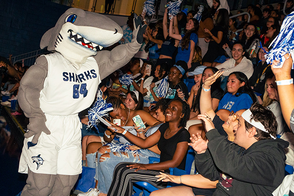 NSU students cheering from benches with NSU's mascot, Razor the Shark