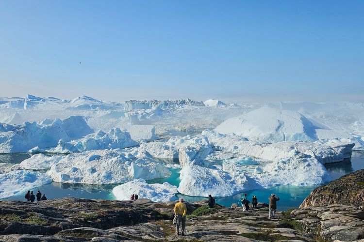 People viewing icebergs from shoreline in Greenland