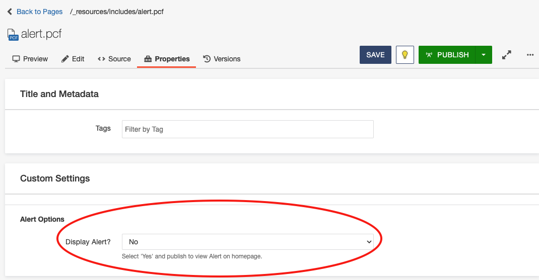 Screenshot showing pcf file parameters with a circle around where to toggle yes/no for alert to appear on website.