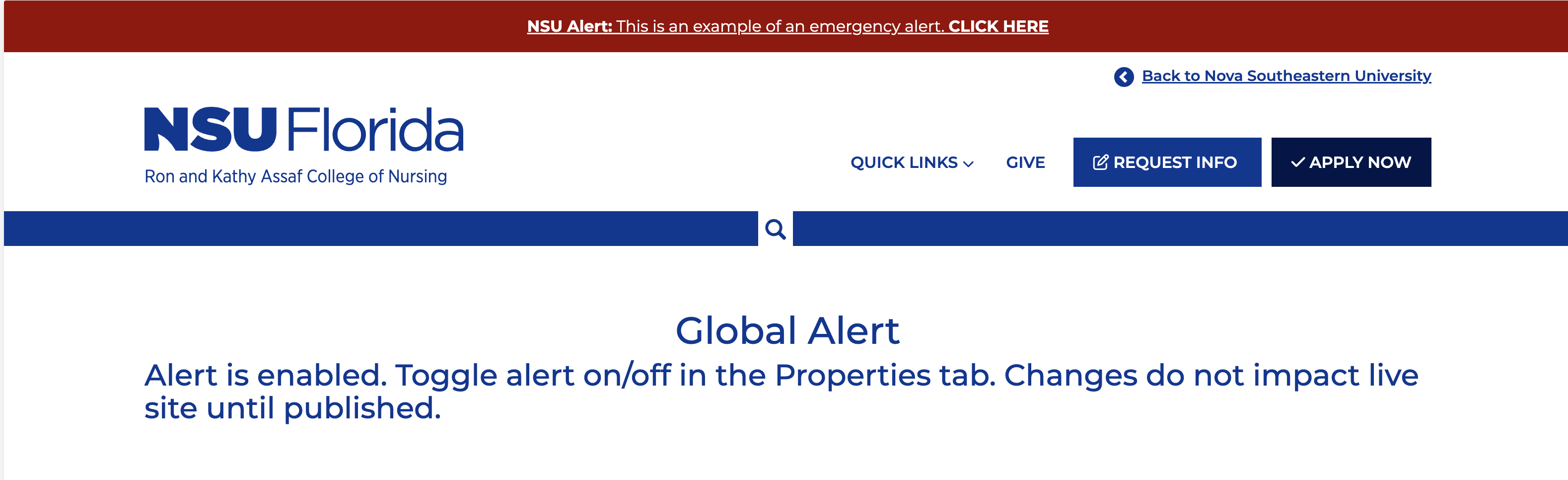Screenshot of the template site with global alert pcf file opened to display alert message.