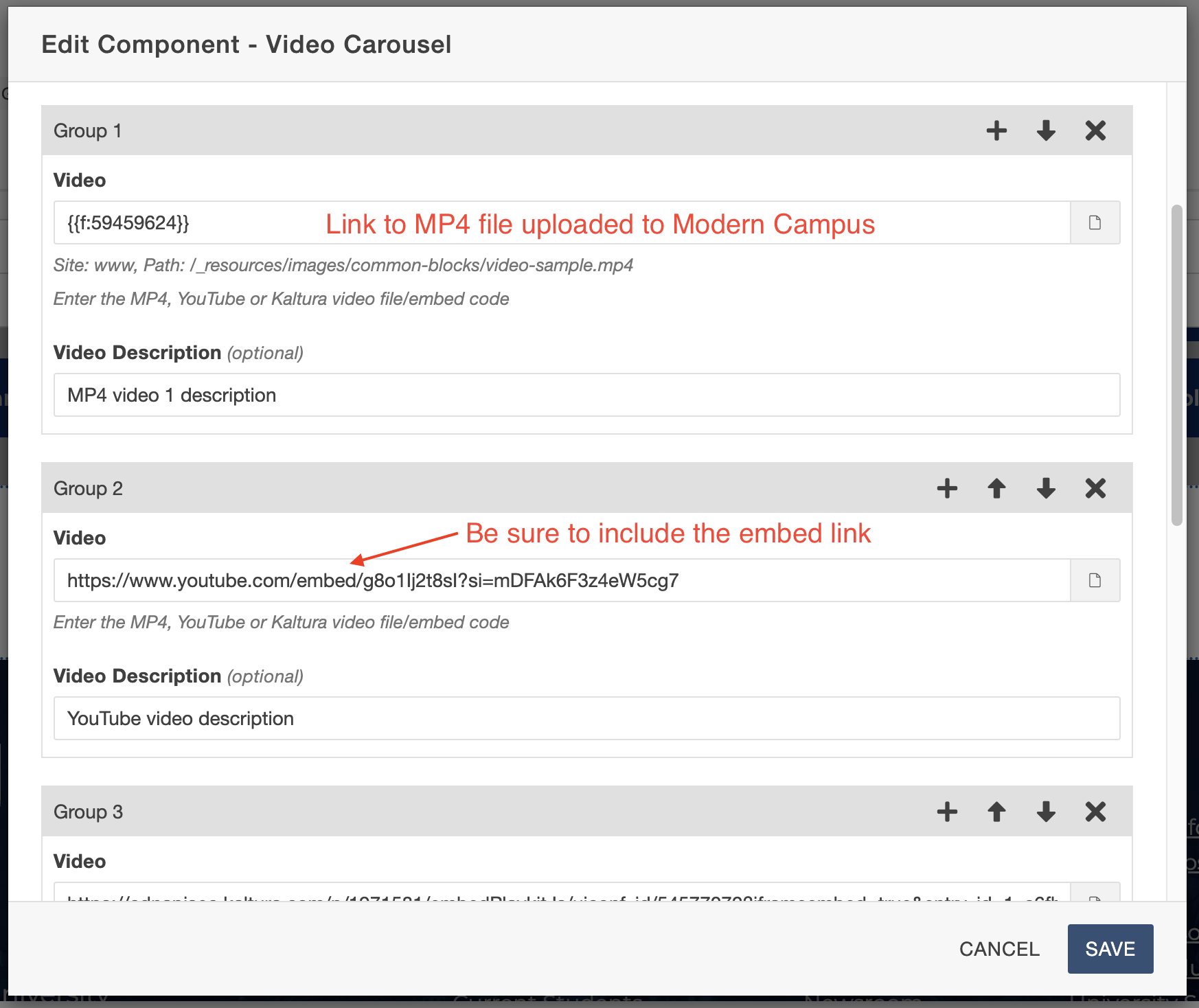 Screenshot of adding videos to video carousel component. 
