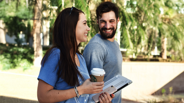 Students walking and campus