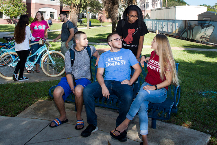 Group of NSU students talking outside