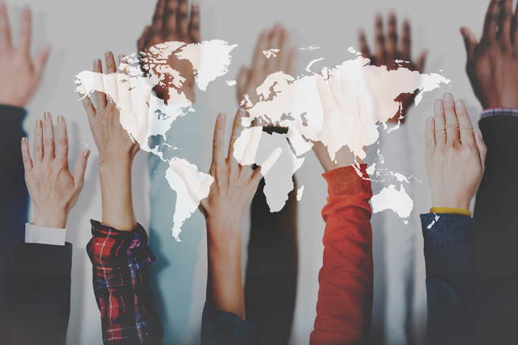 Global conflict resolution hands and planet map concept