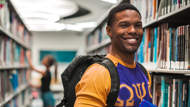 Student wearing backpack standing in library stacks