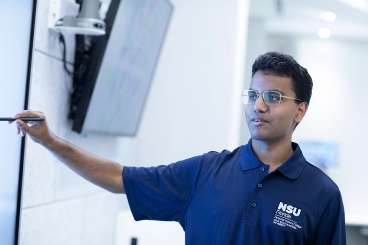 NSU honors student pointing at the board during thesis presentation