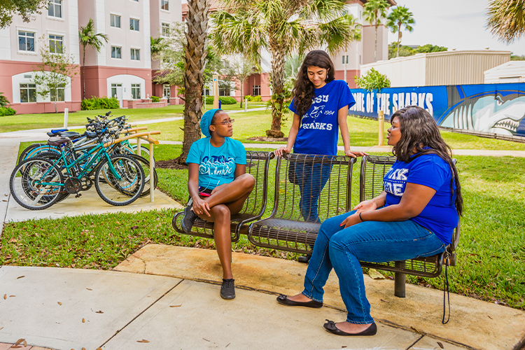 NSU students talking outside of campus