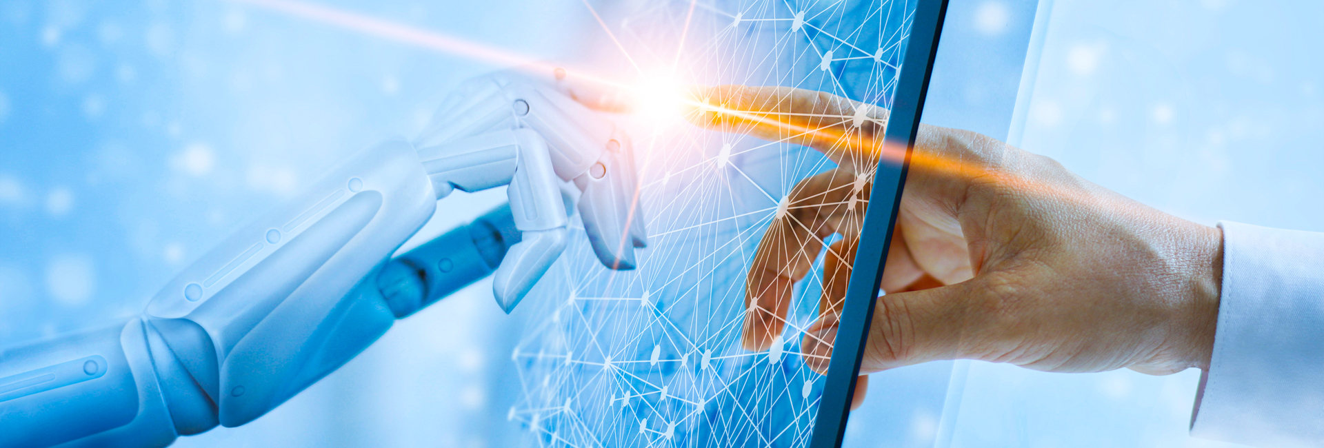Hands of robot and human touching on technology future interface