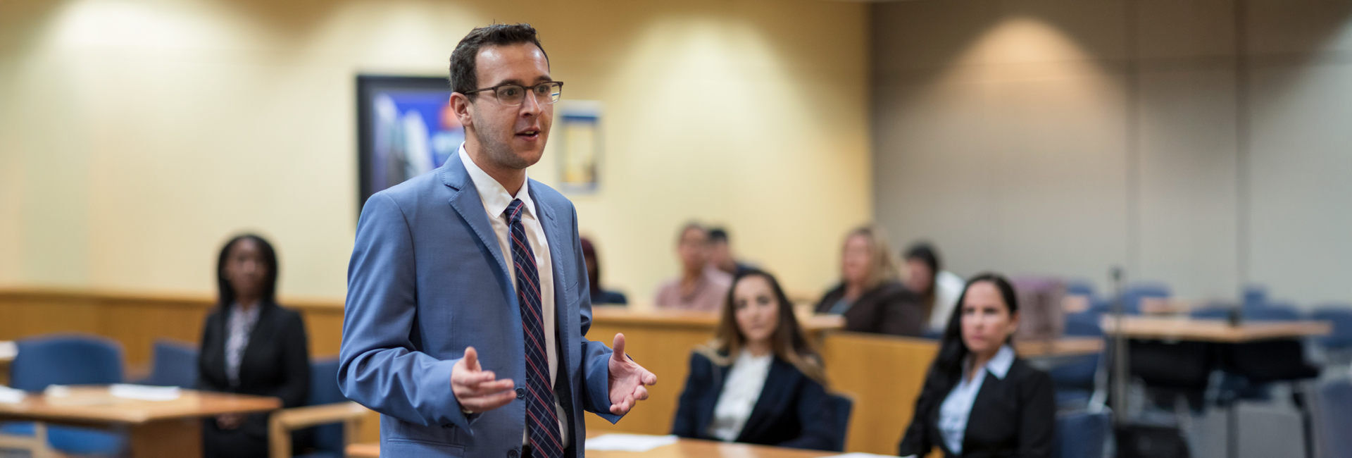 law student speaking on court room