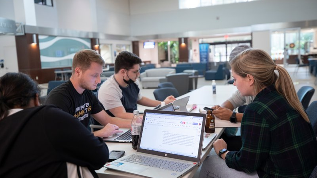 NSU students working on laptops