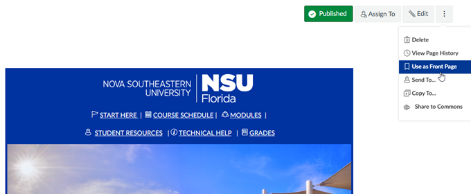 Shows how to set as home page in Canvas