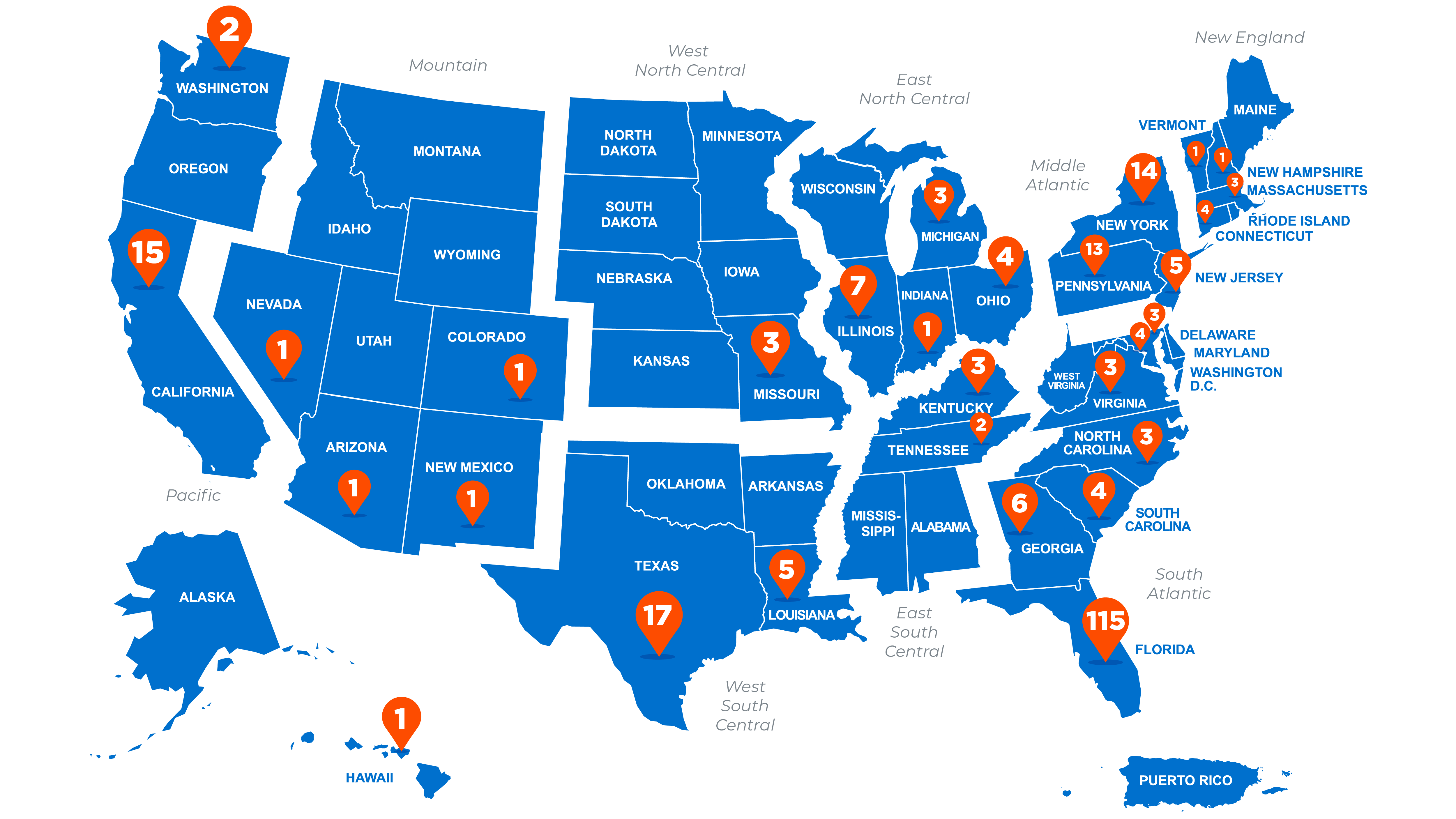 Match Day U.S. Map Map of the United States with numbers on each state indicating number of students matched to residencies in that state, aggregated over the past three years..