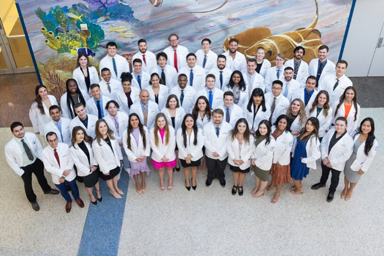 NSU MD student group top view campus hallway photo
