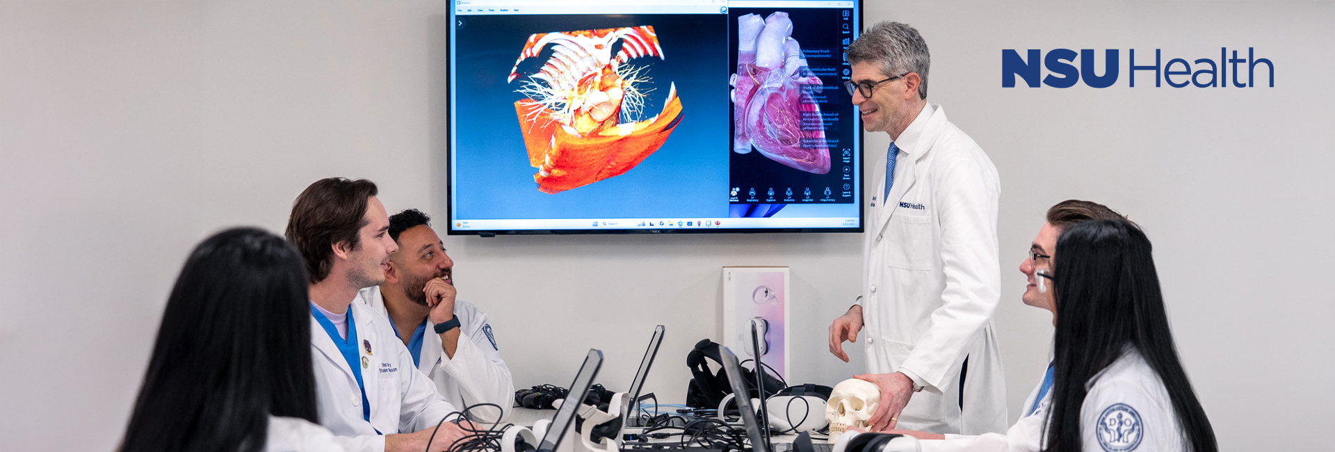 NSU health class students and professor Chad with logo