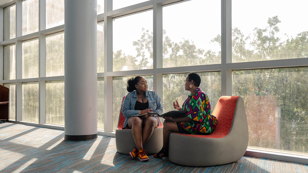 NSU student and faculty chatting
