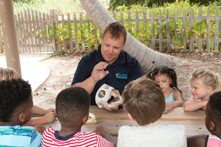 Children sitting on table at daily event learning about marine life