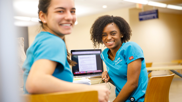 Two smiling nursing students sitting using laptop
