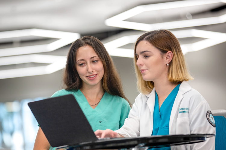 Two nursing students looking at laptop screen in clinical setting.