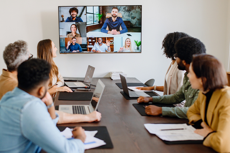 Team participating in a remote video meeting