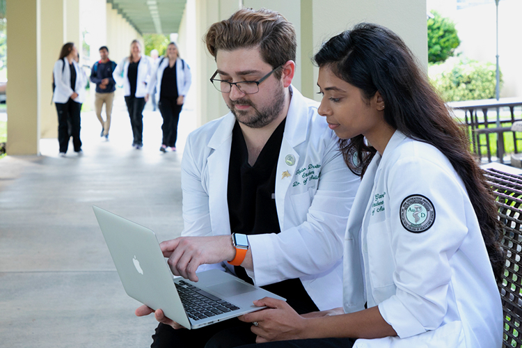 Two doctors using a laptop outdoors