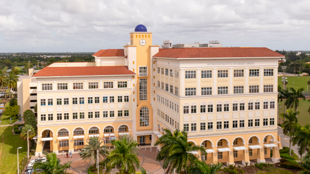 Research yellow building drone view
