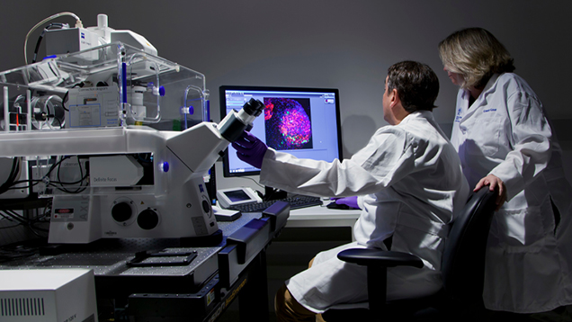 Two scientists using a computer and lab equipment