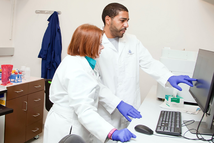 Two NSU researchers using a computer