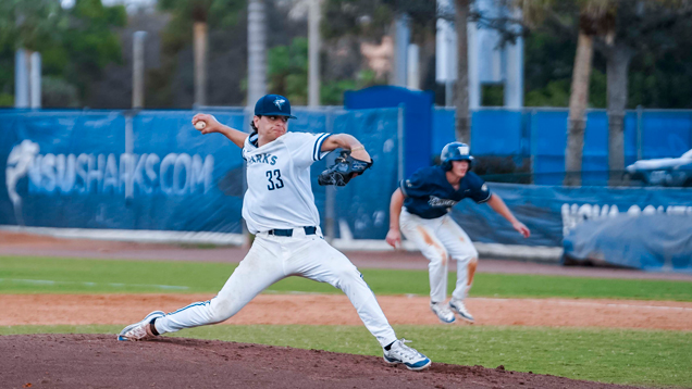 NSU baseball vs. Wingate game player throwing ball