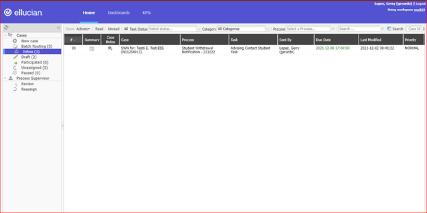 screenshot of workflow console inbox