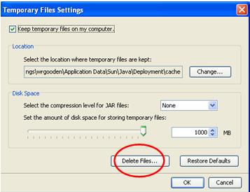 Delete Files button in Temporary Files Settings Screen