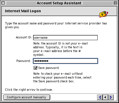 Mac Outlook Express Account ID and password screen