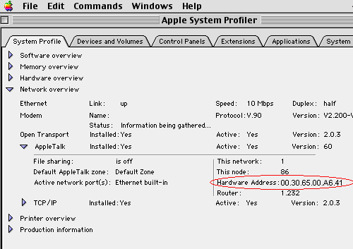 Hardware Address screen