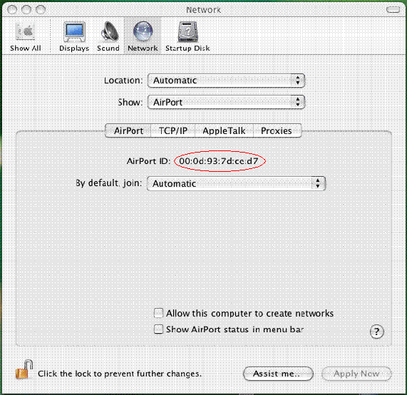 Mac OS X Airport ID - MAC Address screen