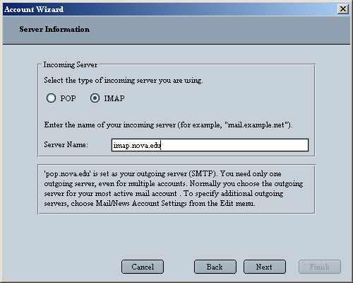 Netscape 6 Email for Windows Server Information Screen