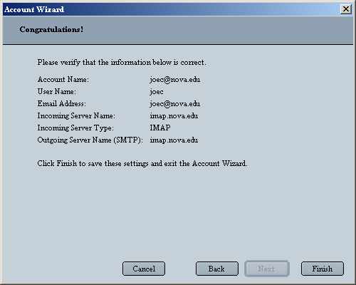 Netscape 6 Email for Windows Account Wizard Finish Screen