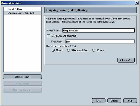 Netscape 6 Email for Windows Outgoing Server (SMTP) Screen
