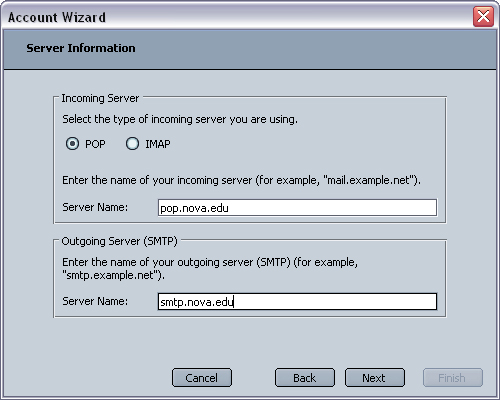 Netscape 6 POP Server Information screen