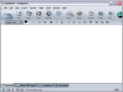 Netscape 7 Composer blank page window