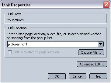 Netscape 7 Composer Link Properties Window