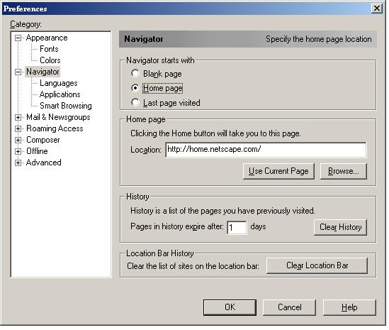 Netscape Communicator Preferences Screen