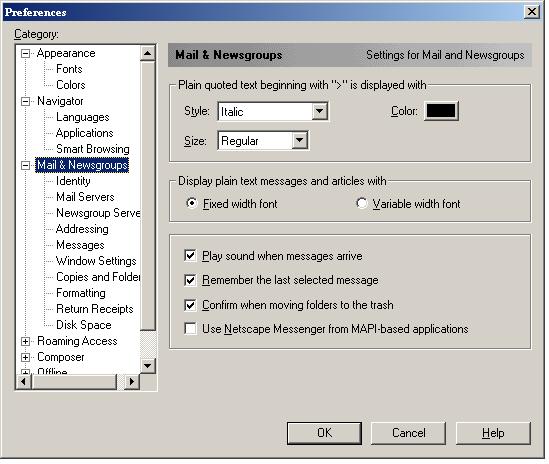 Netscape Communicator Preferences Mail & Newsgroups section screen