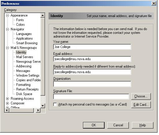 Netscape Preferences Identity Screen
